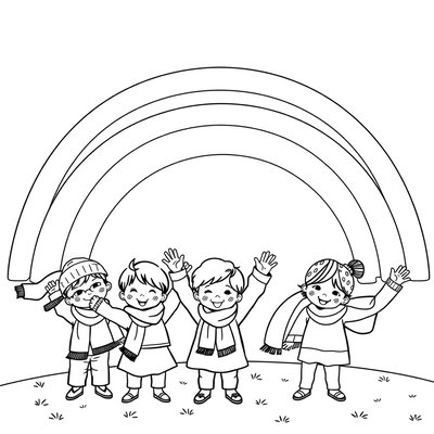 Kolorowanka: Tęcza i dzieci z chusteczkami