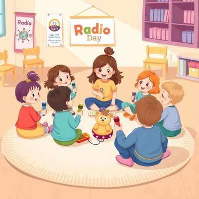 Ilustracja sceny zajęć — dzieci bawią się w małe radio