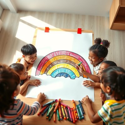 Zdjęcie grupowe: dzieci malujące dużą tęczę
