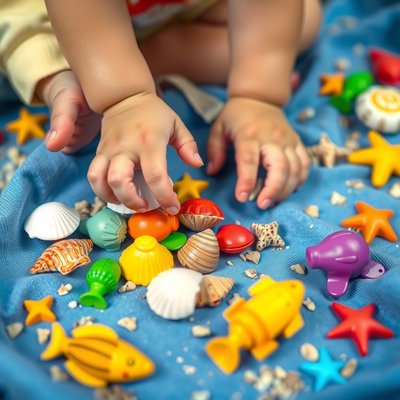 Element sensoryczny — muszelki i miękkie zabawki (z bliska)