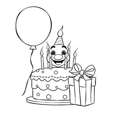 Kolorowanka: balon, tort, klaun, prezent