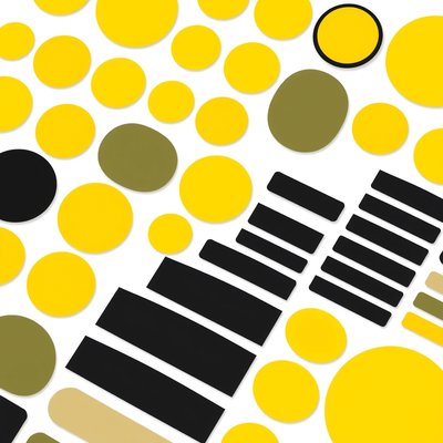 Arkusz naklejek: żółte kółka i czarne paski