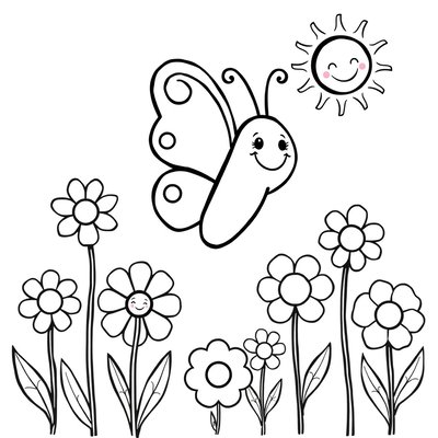 Strona do kolorowania — Motylek i Kwiaty