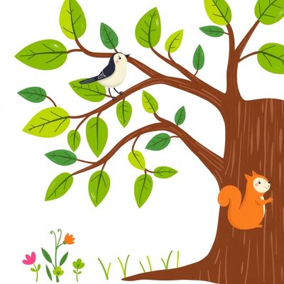 Duża ilustracja do czytania — Drzewo i zwierzątka