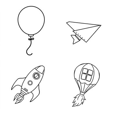 Zestaw kolorowanek — Balon, samolot, rakieta, piórko