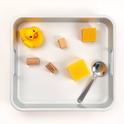 Zbliżenie: tacą z przedmiotami do testów pływalności (flatlay)