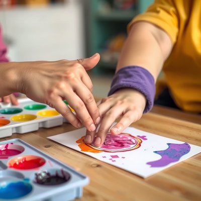 Dziecko odbijające stempel na medalu — pomoc dorosłego