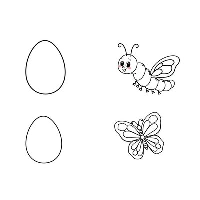 Kolorowanka: jajo, gąsienica, motyl (kontury)