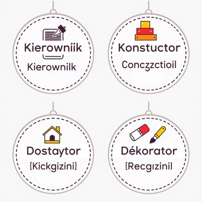 Odznaki ról zespołu (kierownik, konstruktor, dostawca, dekorator)