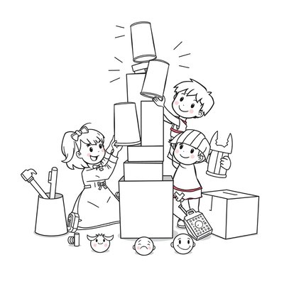 Strona kolorowanki — wieża i dzieci