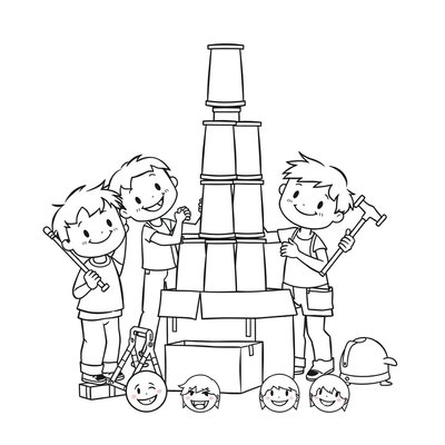 Strona kolorowanki — wieża i dzieci