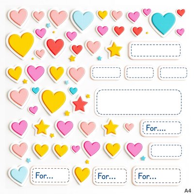 Arkusz naklejek i ozdób — papierowe serduszka i etykietki 'Dla...'