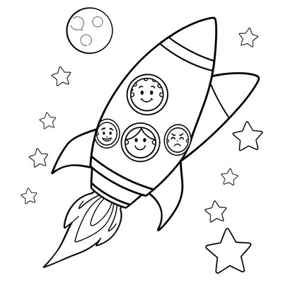 Kolorowanka: Rakieta z buźkami emocji