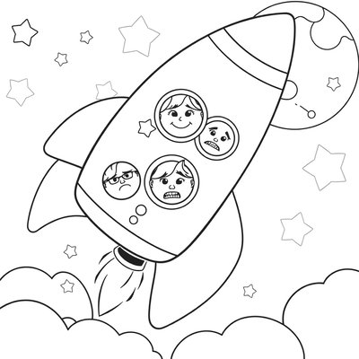 Kolorowanka: Rakieta z buźkami emocji