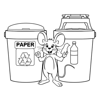 Kolorowanka: Myszka segreguje śmieci