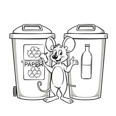 Kolorowanka: Myszka segreguje śmieci