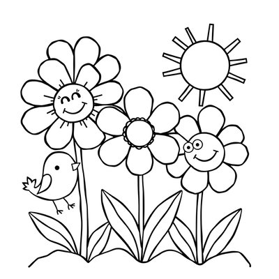 Kolorowanka — Kwiaty i wiosenne zwierzątka