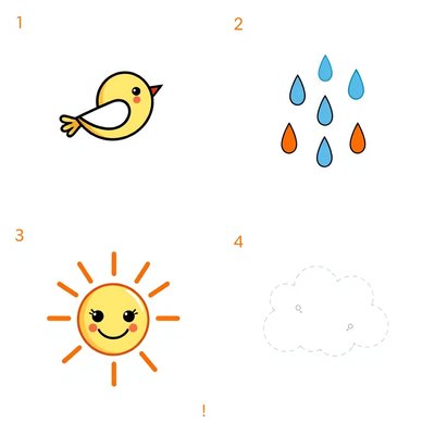 Karty-obrazki: ptak, deszcz, słońce, chmurka