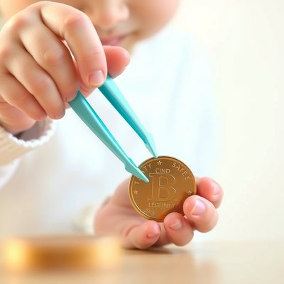 Chwyt pęsetowy — zbliżenie rączek z pęsetą i monetą