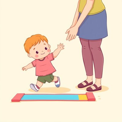 Przechodzenie po desce — ilustracja z maluchem i opiekunem