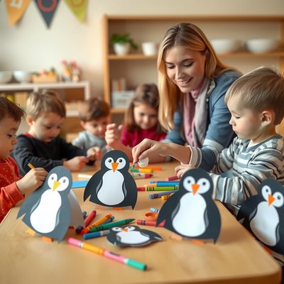 Scena zajęć — dzieci tworzą pingwiny