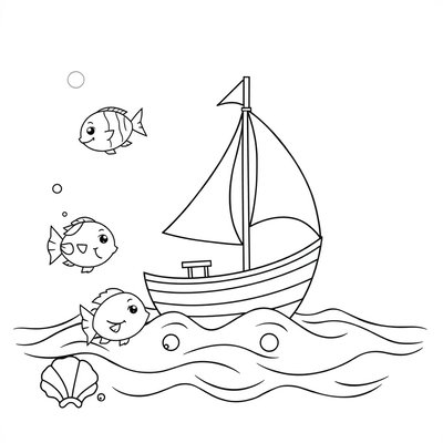 Kolorowanka: morze, statek, rybki i muszle