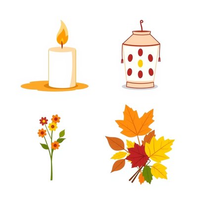 Zestaw obrazków (flashcards): znicz, lampion, kwiat, liść