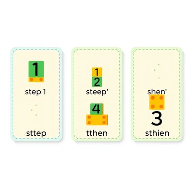 Karty sekwencji: budowanie wieży 1–3