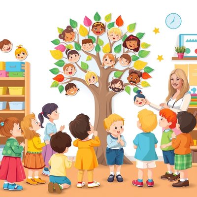 Ilustracja — Przyklejanie liści na Drzewo Emocji