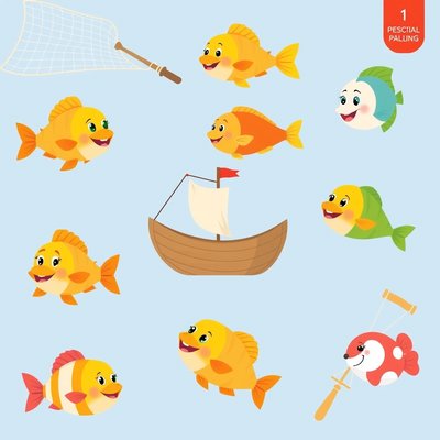 Ilustracje rybek i łódki do wprowadzenia