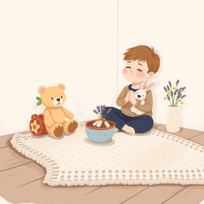 Kącik wyciszenia — scena z maskotkami i woreczkami zapachowymi