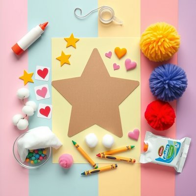 Zestaw do plastyki — materiały przy stole (flatlay)