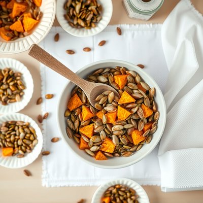 Zdjęcie: miska z nasionami i miąższem (flat lay)