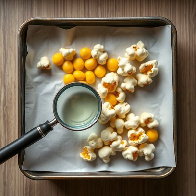 Realistyczne zdjęcie: tacka z ziarnami i popcornem + lupa