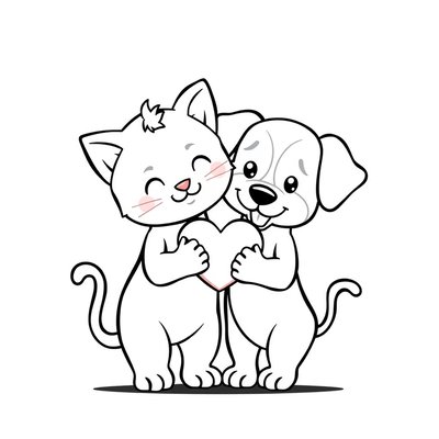 Kolorowanka: Kotek i piesek z serduszkiem