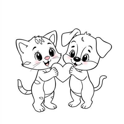 Kolorowanka: Kotek i piesek z serduszkiem