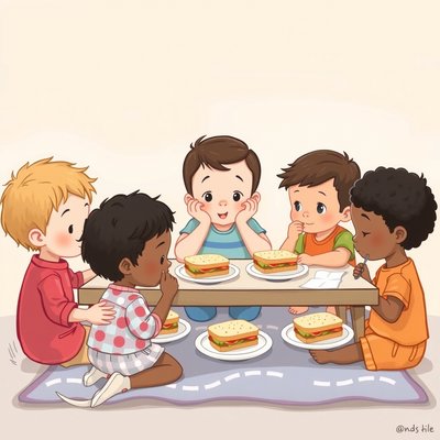 Ilustracja degustacji — dzieci próbują kanapek