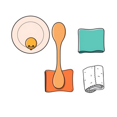 Ikony instrumentów — talerzyk, drewniana łyżka, szmatka