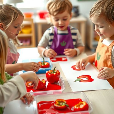 Dzieci robią odbitki z połówki papryki