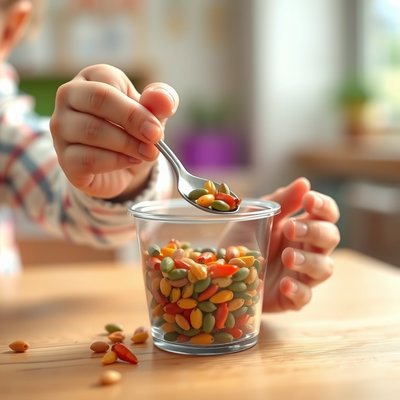 Liczenie nasionek — zbliżenie rączek i kubeczka