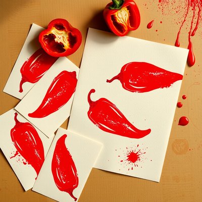 Odbitki papryk na kartce - płaski układ (flatlay)