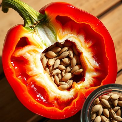 Papryka przecięta na pół z nasionkami (zbliżenie)