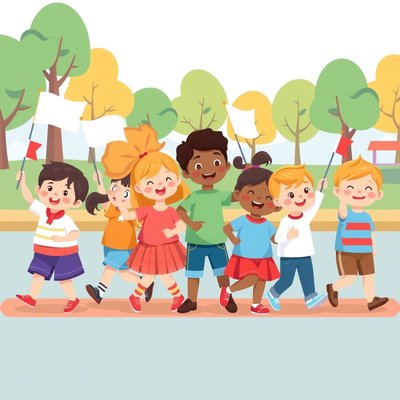 Ilustracja — Dzieci maszerują z flagami (do dekoracji / prezentacji)