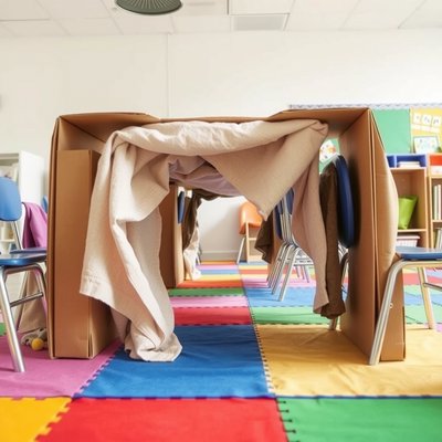 Tunel kopalniany z kartonów i koców