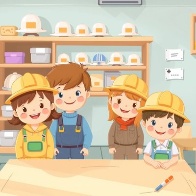 Gotowe papierowe czapki na półce / dzieci w czapkach (ilustracja)