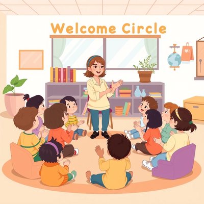 Krąg powitalny — dzieci śpiewają i klaszczą (ilustracja)