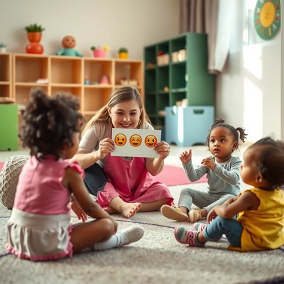 Zabawa muzyczna — krąg dzieci na dywanie (emocje w ruchu)
