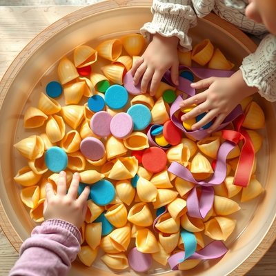 Sensoryczny basen — makaron, pianka, tasiemki