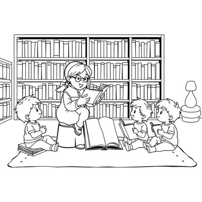 Kolorowanka: Bibliotekarz z dziećmi i książkami