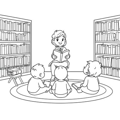 Kolorowanka: Bibliotekarz z dziećmi i książkami